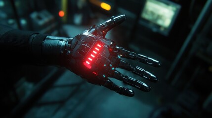 Wall Mural - a futuristic robotic hand with glowing red lights, showcasing advanced technology.