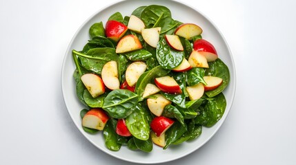 Wall Mural - Fresh spinach and apple salad on white plate with vinaigrette dressing