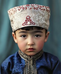 A young boy wearing a blue and gold outfit with a blue hat