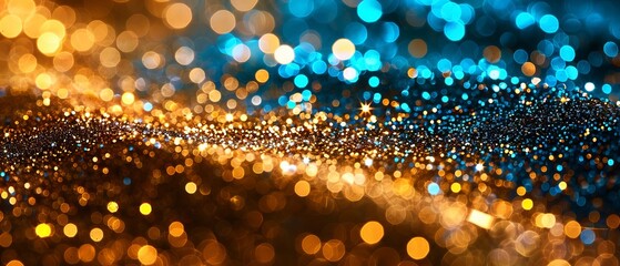 Wall Mural - abstract glitter lights background with soft blue, gold, and black tones, creating a dreamy de-focus