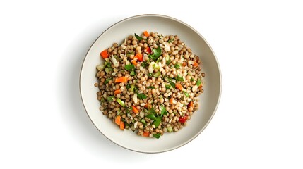 Wall Mural - Healthy lentil salad with fresh vegetables in a bowl on white background