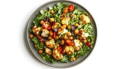 Roasted cauliflower salad with chickpeas and fresh greens on grey plate