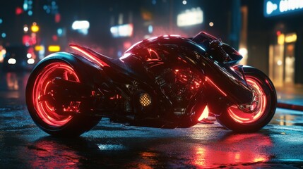 Wall Mural - A futuristic motorcycle with glowing red accents parked on a wet urban street at night.