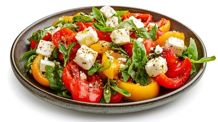 Wall Mural - Colorful fresh salad with feta, tomatoes, and peppers on a plate