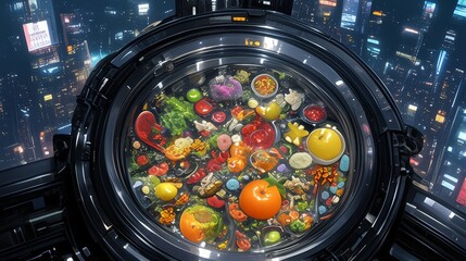 Wall Mural - A Circular Portal Filled with a Variety of Fruits and Vegetables