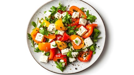 Fresh mediterranean salad with feta, bell peppers, and arugula garnished with pepper