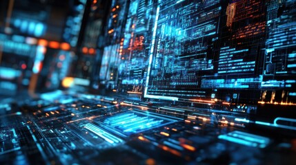 Wall Mural - a futuristic digital landscape showcasing intricate circuitry and glowing data connections.