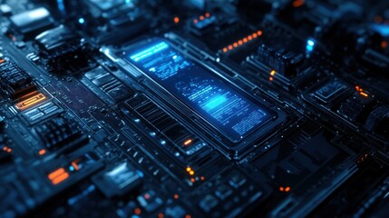Wall Mural - a futuristic circuit board with a glowing screen displaying digital data.
