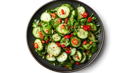 Wall Mural - Vibrant cucumber salad with red chili and cilantro on black plate