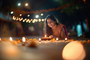 A beautiful woman lighting a diya or oil lamp during an Indian festival. The scene features oil lamps and a flower plate on the ground