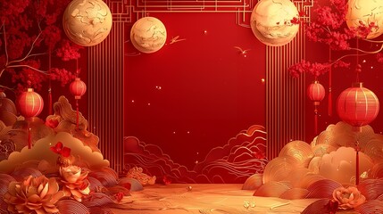 Festive red and gold Chinese New Year background with lanterns, flowers, and clouds.