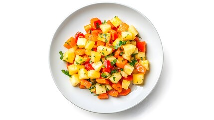 Wall Mural - Colorful tropical fruit salad with pineapple, papaya, and fresh herbs in white bowl