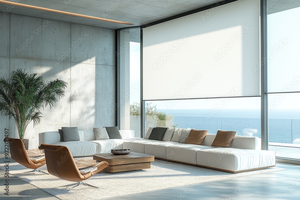 Modern living room with large windows and a white sofa. Perfect for ...