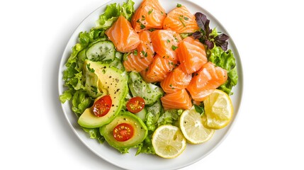 Wall Mural - Fresh salmon and avocado salad with lemon and greens on a white plate