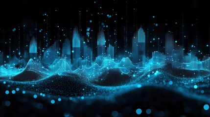 Wall Mural - a digital representation of sound waves and cityscapes in vibrant blue tones.