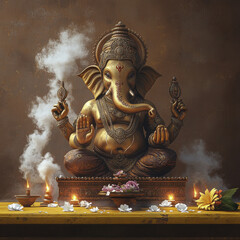 Sticker - A golden Ganesha statue sits atop an Indian table, surrounded by two oil lamps and flowers, with a brown wall in the background.