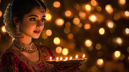 Canvas Print - A graceful woman in a traditional Indian lehenga choli, holding a diya plate during Diwali celebrations