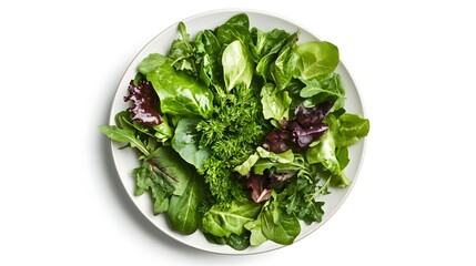 Wall Mural - Fresh green salad bowl with assorted leafy vegetables on white background