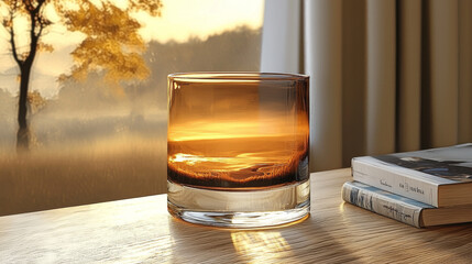 Canvas Print - A glass with a sunset reflected in it sits on a wooden table next to a book.