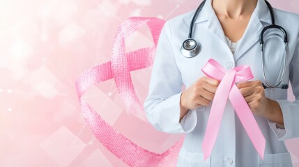 Compassionate Medical Doctor Supporting Breast Cancer Awareness with Pink Ribbon in Clinic Setting, Copy Space Available for Text Concept., Generative Ai