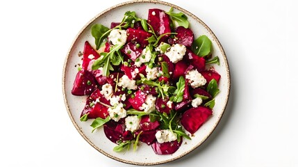 Fresh beetroot and arugula salad with goat cheese on white plate