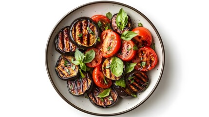 Wall Mural - Grilled eggplant and tomato salad with fresh basil on a white plate