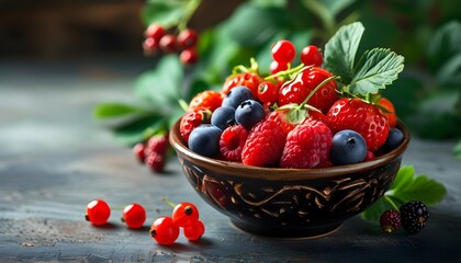 Canvas Print - Vibrant display of fresh organic berries in a bowl, showcasing natures bounty and a colorful fruit background