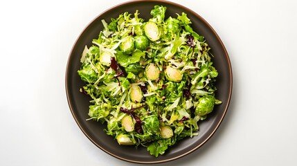 Fresh green salad with brussels sprouts and mixed greens on a white background