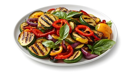 Grilled summer vegetables with fresh basil on a white plate