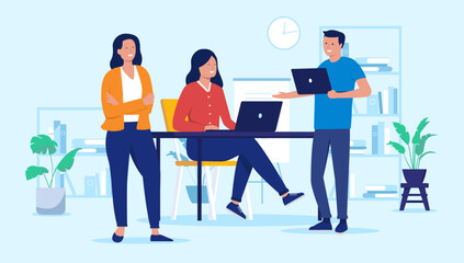 Aufkleber - People in office working - Team of three smiling businesspeople colleagues talking and doing work together indoors at workplace. Flat design vector illustration