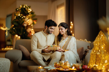 Wall Mural - A handsome young Indian man in traditional wear giving a gift to his beautiful wife who wearing sari, sitting on a sofa. Both are smiling and happy