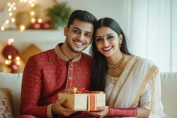 Sticker - A handsome young Indian man in traditional wear giving a gift to his beautiful wife who wearing sari, sitting on a sofa. Both are smiling and happy