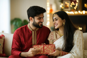 Wall Mural - A handsome young Indian man in traditional wear giving a gift to his beautiful wife who wearing sari, sitting on a sofa. Both are smiling and happy