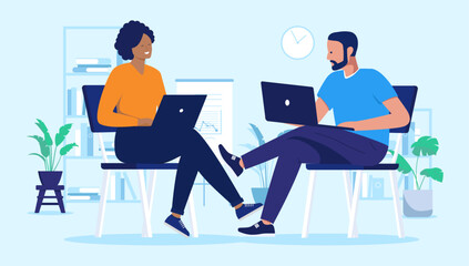 Aufkleber - Two people sitting with laptops - People in office sitting in char working on computers together in office. Flat design vector illustration