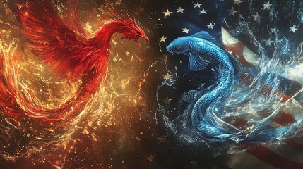 Vibrant Red Phoenix vs. Serene Blue Koi: Captivating Fire and Water Interaction Against a Stylized American Flag - Perfect for Sports Interior Posters!