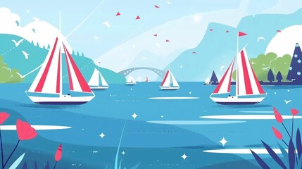 Sailing boats on a serene blue lake, with red and white sails against a bright sky, surrounded by green hills and gentle waves, creating a tranquil summer atmosphere