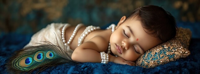 Poster - Sleeping Baby with Peacock Feather and Pearls