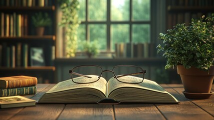 Canvas Print - Open Book on Wooden Desk with Glasses