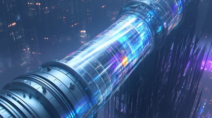 Wall Mural - Futuristic Cityscape with Glowing Blue Tubes and Structures