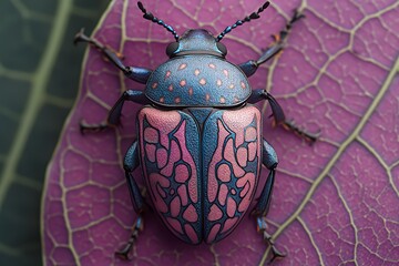 Wall Mural - A colorful beetle with a pink and blue patterned shell sits on a purple leaf.