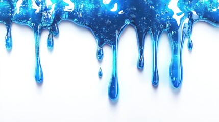 Wall Mural - a vibrant blue liquid dripping down a white background, creating an artistic effect.