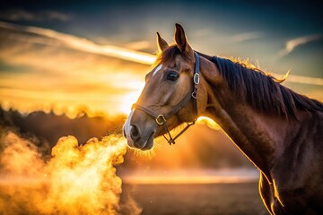 Breath vapor from horse mare backlit in early morning light