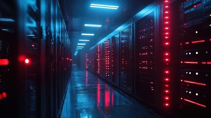 Poster - A Modern Server Room with Red and Blue Lights