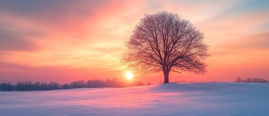 Wall Mural - Solitary Tree in a Snowy Landscape During Sunset