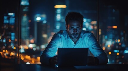 Poster - Man Working Late at Night in Cityscape