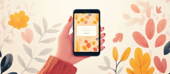 Poster - Hand Holding Smartphone with Floral Pattern Background