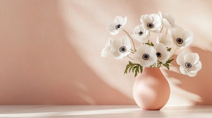 Wall Mural - a minimalist arrangement of white flowers in a soft pink vase against a pastel background.