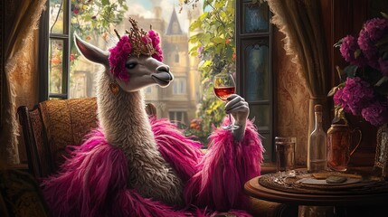 Chic Llama in Pink Feathers by the Window: A Stylish Poster Perfect for Sports Interiors, Showcasing Elegance with a View of Blooming Vines and Cozy Decor