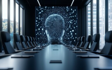 a futuristic boardroom where ai-powered holograms generate strategies for global customer service te