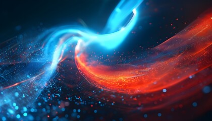 Vibrant abstract digital art featuring dynamic swirling blue and red lights interspersed with shimmering particles